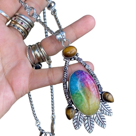 925 sterling silver overlay Rainbow solar quartz tiger eye stone charm necklace - Picture 2 of 13
